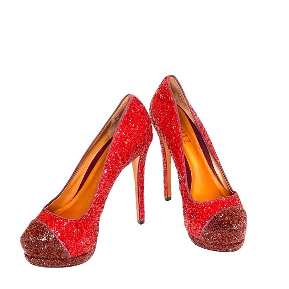 Schutz Stilletos Red Glitter Platform High Heels Lux Glam Party Shoes Size 5B - Picture 1 of 12
